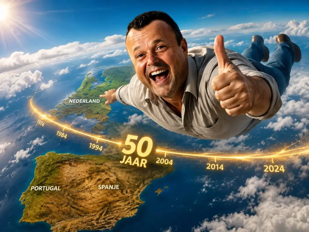 Afbeelding van welkom bij Guido Vertelt. Guido vliegt lachend in de lucht met een tijdlijn om zijn levensloop weer te geven.